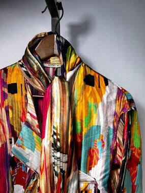 ETRO 100% Silk Multicolor Abstract Striped Wrap Blouse with Scarf/Tie Sz 8 LNWOT